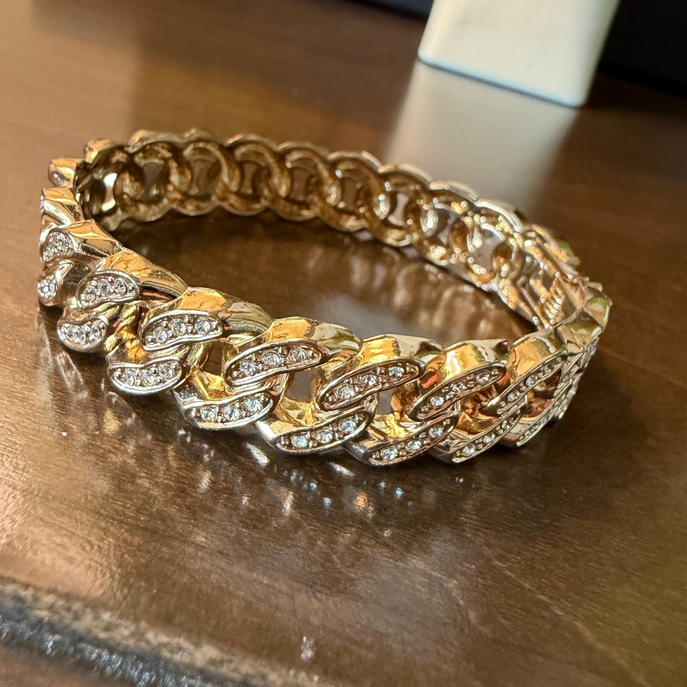 Gold Tone Miami Cuban Link Hinged Bangle Bracelet